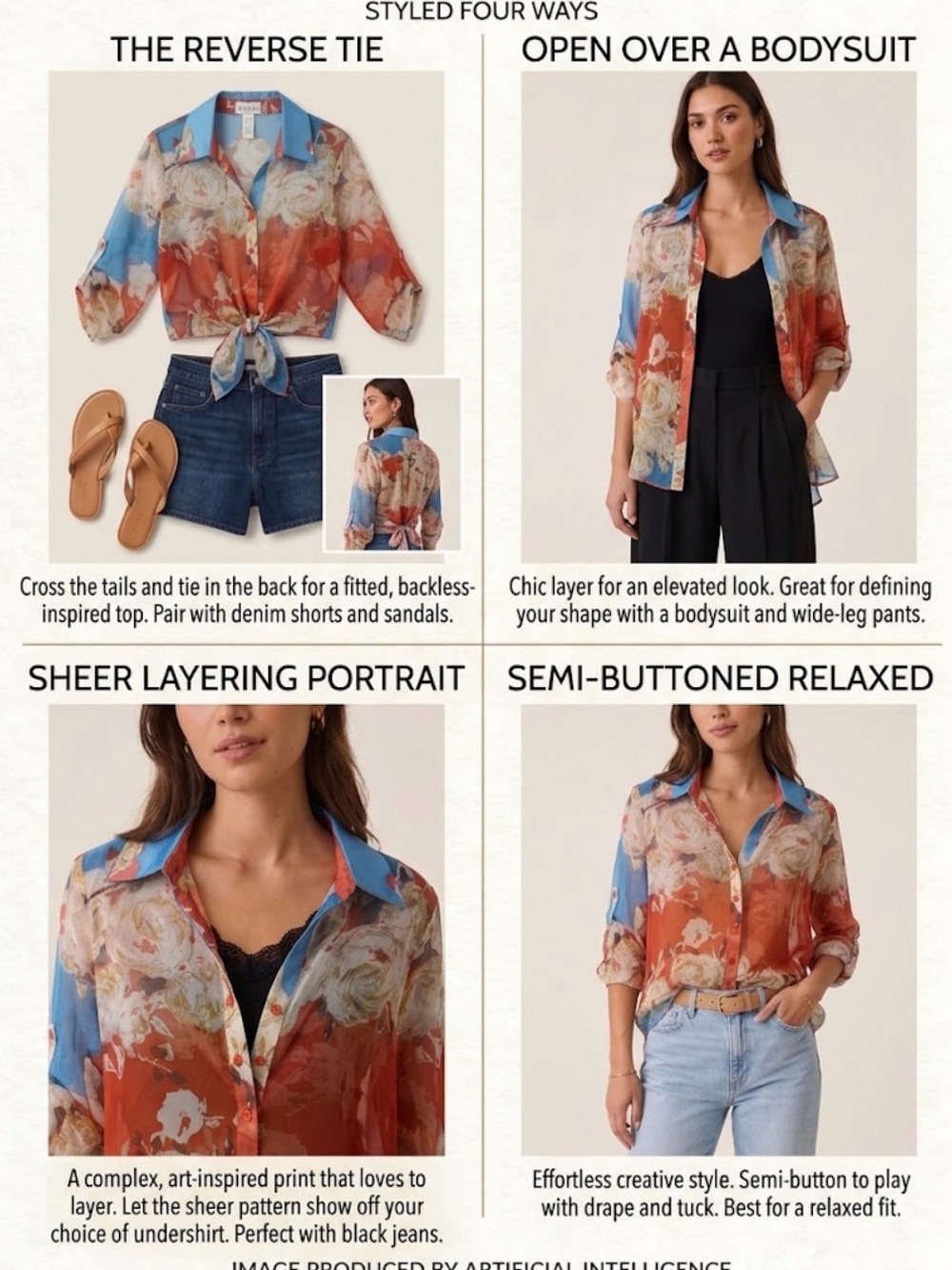 Geri C. Sheer Floral Button-Front Blouse - Blue & Red